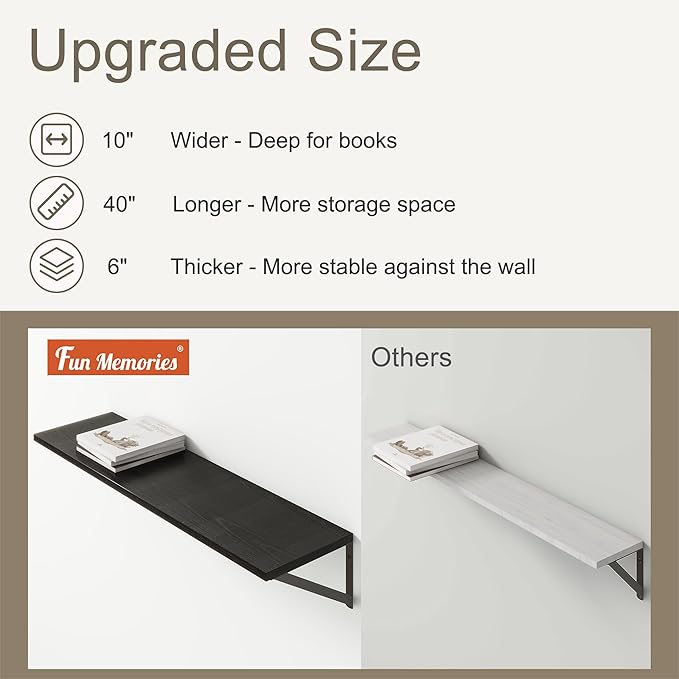 Fun Memories 40 Inch Floating Shelves, 10 Inch Deep Wall Shelf, 40 x 10 Floating Shelf Set of 2, Black Wood Floating Shelf Wall Mounted, Large Kitchen Living Room Bedroom Storage Shelves