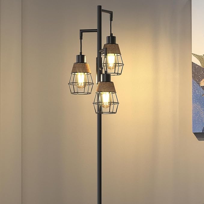 Oneach 68" Floor Lamps for Living Room, Stepless Dimmable Boho Floor Lamp with 3 Bulbs, Tall Farmhouse Industrial Corner Standing Tree Lamp for Bedroom, Office, Study Room, Dining Room, Black