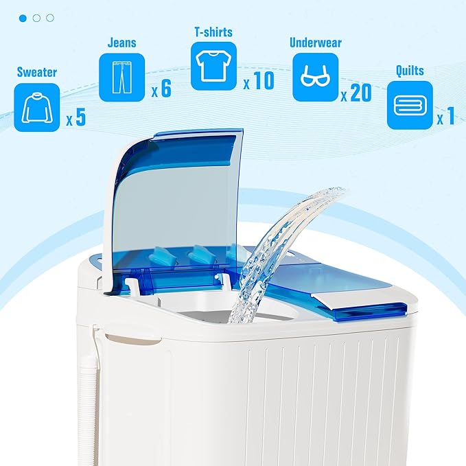 Pataku Portable Washing Machine, Compact Twin Tub Mini Washing Machine, 17.6 LBS Washer and Dryer Combo with Soaking Function, Semi-Automatic for Apartment, Dorms, RVs, Camping (White & Blue)