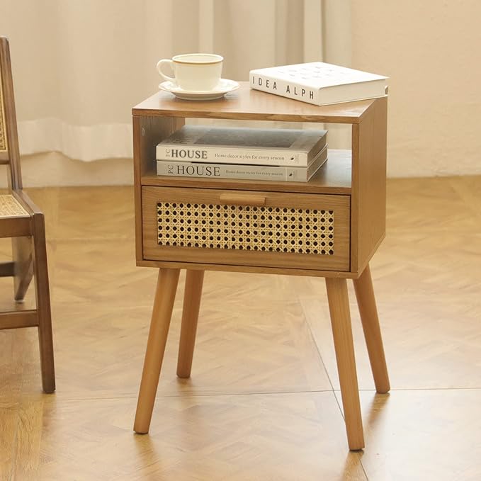MaxSmeo Mid Century Modern Nightstand with Charging Station, Bedside Tables with Rattan Drawer, Small Wood Nightstand Side Table for Living Room,Bedroom (Brown)