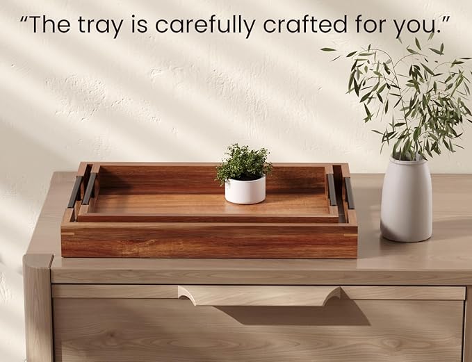 Acacia Wood Set of 2 Serving Tray with Metal Handles,Ottoman Decorative Trays Platter for Coffee Table,Living Room,Bar,Party