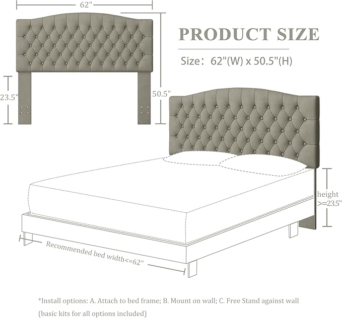 Velvet Upholstered Headboard Queen/Full Size Latest Model Wall Mount, Bed Frame Mount, Featuring High-Density Sponge Padding, Luxury Texture Easy Assembly Comfort and Style-Taupe