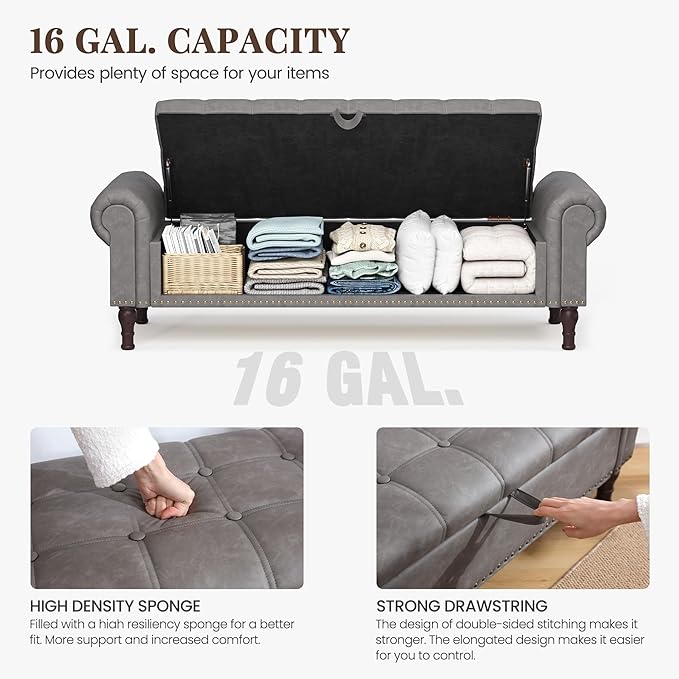 YOUDENOVAn 60”Bench with Storage, Upholstered Tufted Button Window Bench with Plenty Hidden Storage Space,Faux Leather Ottoman Bench for Bedroom, Living Room, Entryway,Grey