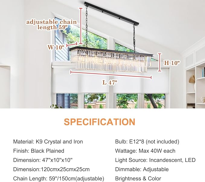 Rectangle Crystal Chandelier Black Modern Linear Chandelier Contemporary Pendant Light Fixture 8-Light Hanging Ceiling Light for Dining Room Living Room Kitchen Bedroom Foyer 47''
