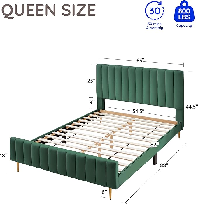 Livinia Queen Size Elton Velvet Platform Bed, Upholstered Bed Frame with Vertical Channel Tufted Headboard Footboard, Strong Wood Slats, No Box Spring Needed, Green (Queen)