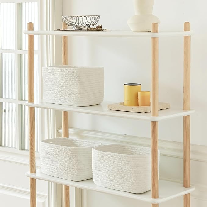 Small Cotton Rope Storage Basket Set of 3-11"x7"x7" Perfect Woven Baskets for Storage, Ideal Storage Baskets for Organizing Toys, Towels, and More - Baskets for Shelves and Home Decor(White)