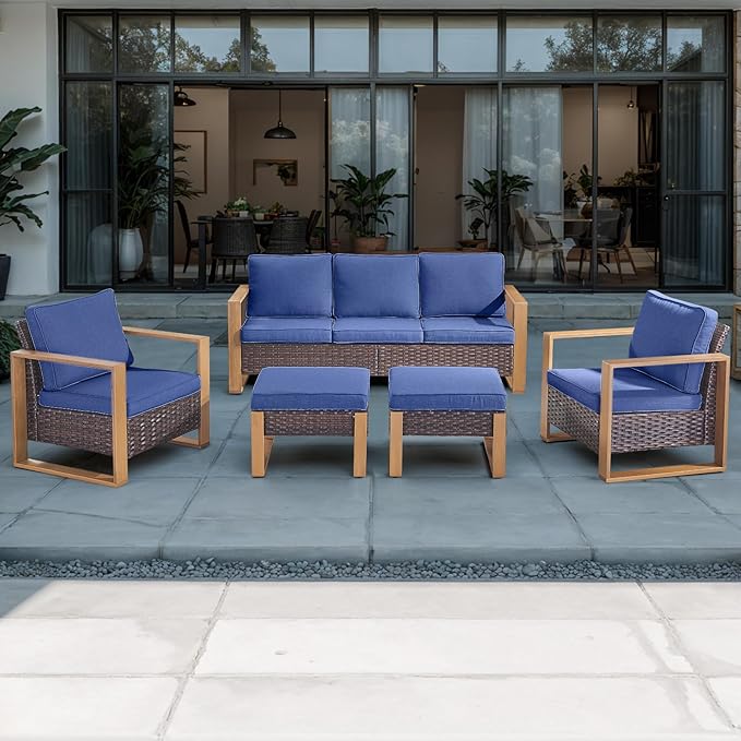 Outdoor Wicker Patio Furniture Set - 5 Piece Patio Conversation Set with 2 Wicker Armrest Chairs,2 Rattan Ottoman and 1 Couch,Sturdy Frame,Thick Cushions,Deep Seating(Brown/Blue)