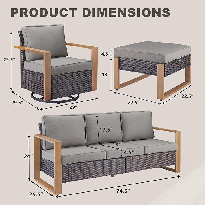 Outdoor Wicker Patio Furniture Set - 5 Piece Patio Conversation Set with 2 Wicker Swivel Rocker Chairs,2 Rattan Ottoman and 1 Couch,Thick Cushions,Deep Seating,Wide Armrest(Brown/Grey)