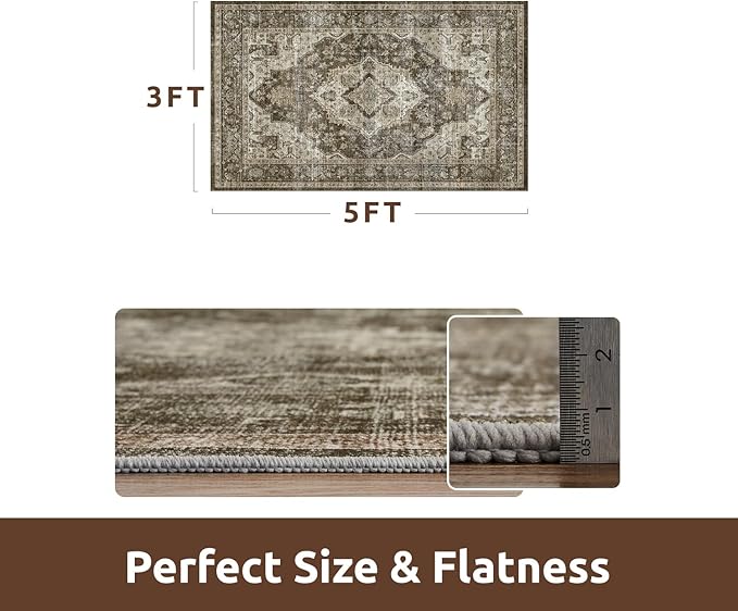 AMOAMI-3X5 Area Rug-Soft Washable Vintage Throw Accent Rugs for Living Room, Entryway, Bedroom, Kitchen, Bathroom, Laundry Room, Kitchen, Bathroom, Bedside, No Slip Brown/Coffee