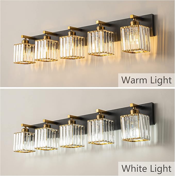 Modern Bathroom Vanity Light 5-Lights Black Gold Crystal Bathroom Wall Light Vanity Light Fixtures,36.22-inch Modern Minimalist Design