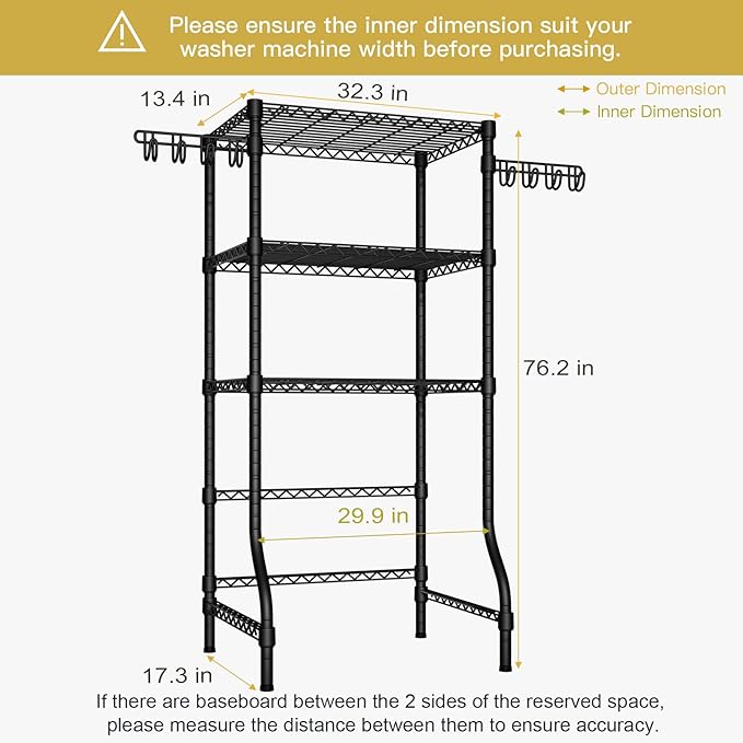 Ulif U8 Medium Laundry Room Storage Organizer, Over the Washer and Dryer Storage Shelves for Laundry Organization, 32.3”W x 17.3”D x 76.2”H, Suit Washing Machine Width within 29.9”, Hold 304 lb, Black