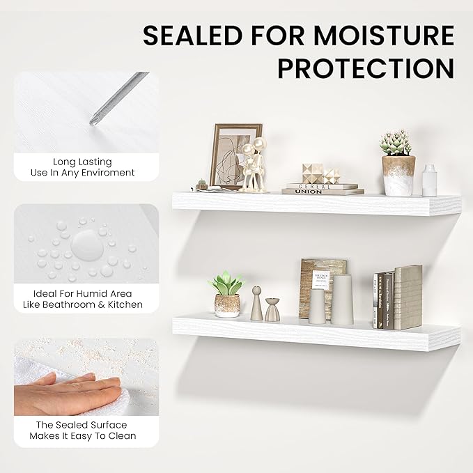 Floating Shelves for Wall, 55"W x 9.3"D x 1.5"H, Long Wooden Wall Mounted Display Shelves with Invisible Brackets for Living Room, Bedroom, Bathroom, Kitchen Decor and Storage, Set of 1, White