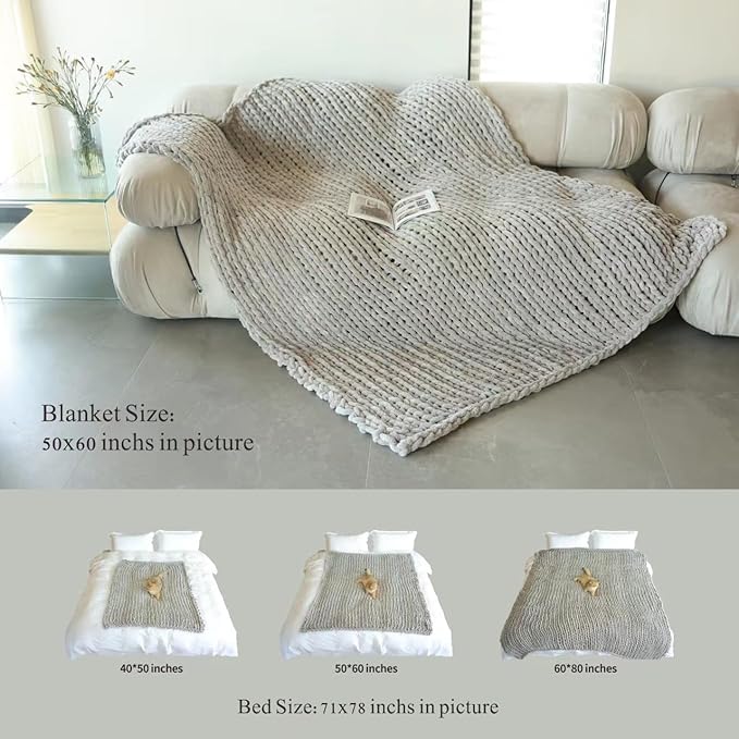Maetoow Tighter Version Chenille Chunky Knit Blanket Throw (50×60 Inch), Handmade Warm & Cozy Blanket Couch, Bed, Home Decor, Soft Fleece Banket, Boho Thick Blankets and Giant Yarn Throws,Beige