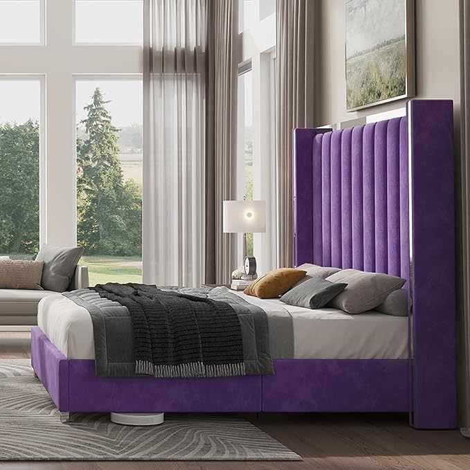 Jocisland Queen Bed Frame with 58" Tall Headboard, Velvet Upholstered Platform Bed with Channel Tufted Wingback Headboard and Plating Trim, No Box Spring Needed, Purple