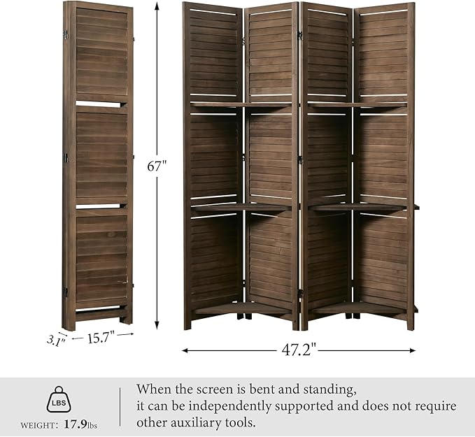 Partition Room Dividers, 67 * 51inch Folding Wood Privacy Screen with Three Display Shelves Suitable for Home Office, Study, Art Display - 4 Panel (Brown)