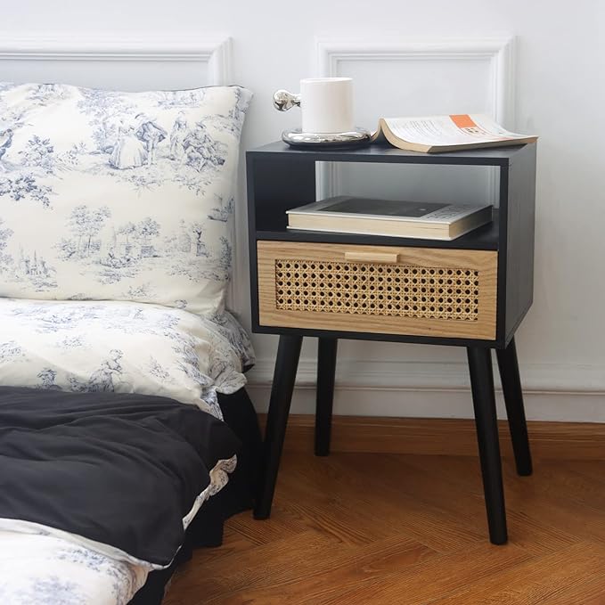 MaxSmeo End Table with Storage Mid Century Nightstand with Rattan Drawer and Shelf, Wood Small Side Coffee Table for Small Space, Living Room and Bedroom, Easy Assembly (Black)