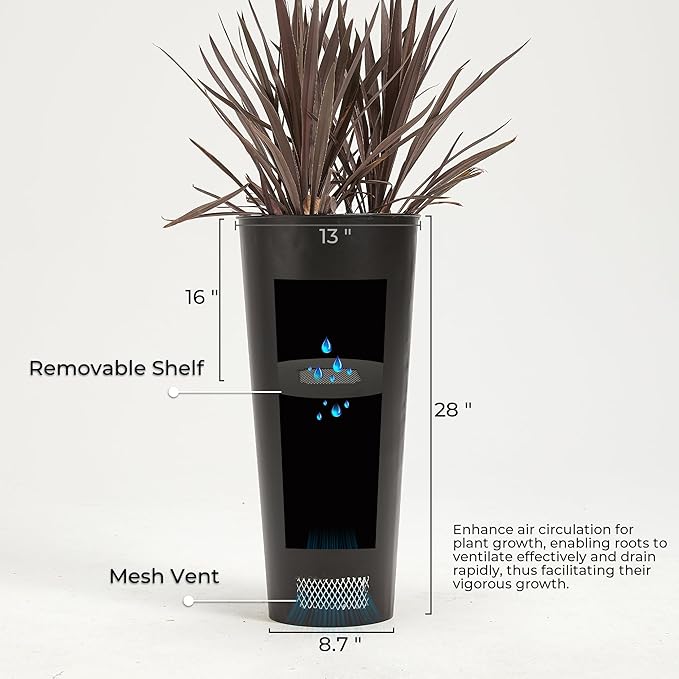 2-Pack 28" Tall Metal Planters - Heavy-Duty Round Flower Pots with Built-in Drainage + Rustic Industrial Finish, All-Climate Deck & Patio Ready Indoor/Outdoor Multi-Scene Garden Vessels