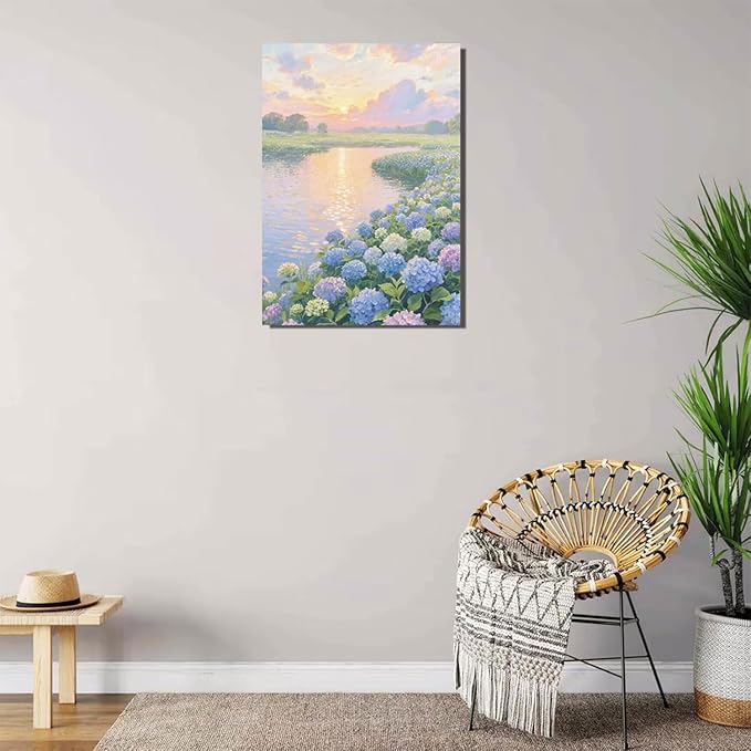 The hydrangea scenery all over the lake at sunset is suitable for posting in the living room bedroom office landscape poster wall painting