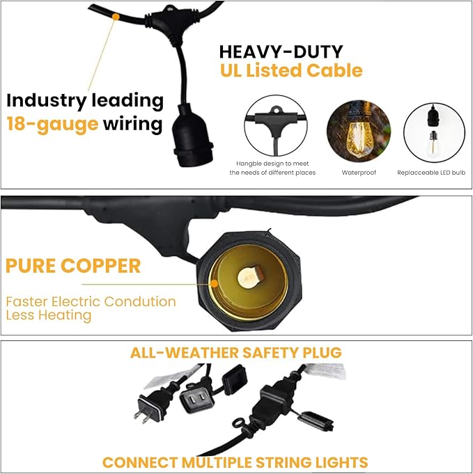 Svater 96 FT Outdoor String Lights 2W, Patio Light for Outside with 32 Antique S14 Plastic LED Bulbs, IP65 Waterproof Hanging Cafe Market Lighting, ETL-Listed Dimmable Warm White 2700K (48 FT x 2)