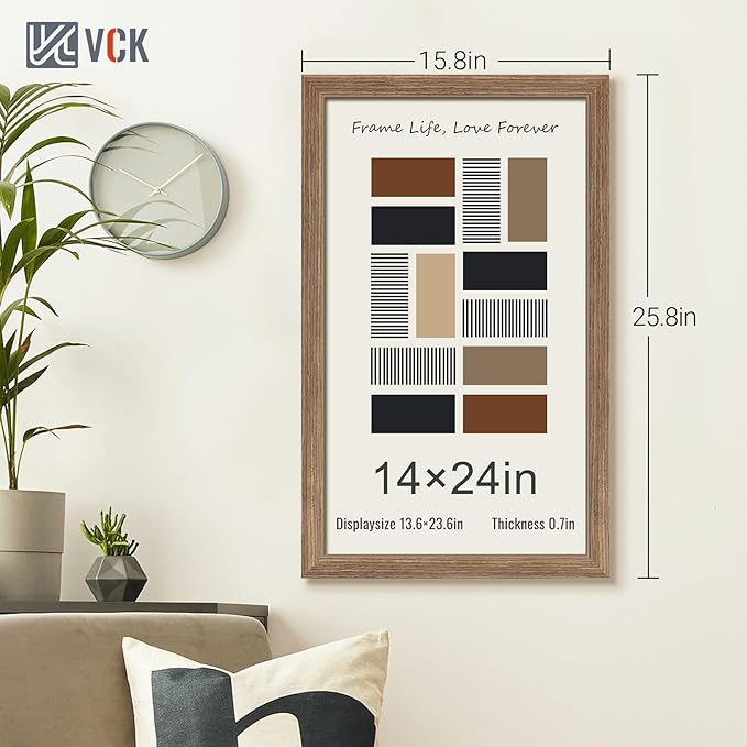 VCK 14x24 Frame Set of 3 - Brown Walnut, Natural Textured Solid Wood Picture Poster Frame, Wall Gallery Frame