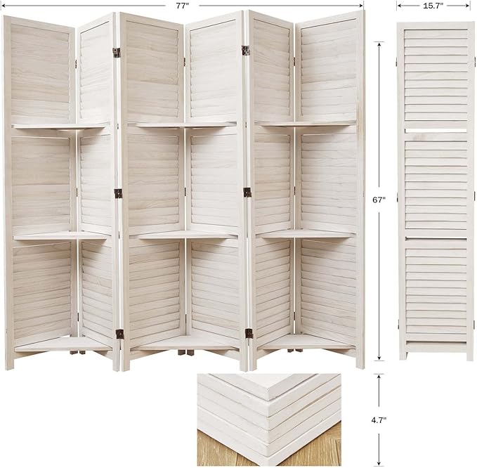 Partition Room Dividers, Folding Wood Privacy Screen with Three Display Shelves Suitable for Home Office, Study, Art Display - 6 Panel, 67 * 77inch (White)