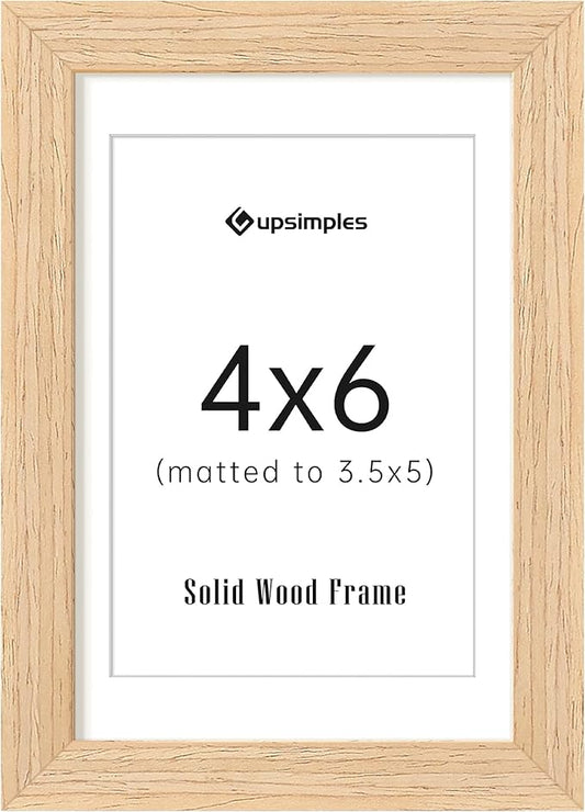 upsimples 4x6 Picture Frame, Natural Solid Wooden Picture Frames, Display 3.5x5 with Mat or 4 x 6 Without Mat, Wall or Tabletop, 1 Pack, Natural