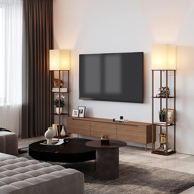 SUNMORY Floor Lamp with Shelves, Modern Square Standing Lamp with 3 Color Temperature Bulb, Corner Display Bookshelf Lamp for Living Room and Bedroom (Rustic Brown)