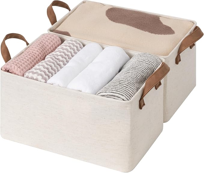StorageWorks Storage Bins, Shelves Baskets for Organizing, Fabric Closet Organizers with Handles, Metal Frame, Beige(Cotton-linen), 2-Pack