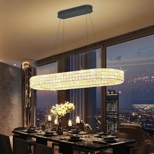 Modern Crystal Chandelier, Dia 40" Rectangular Chandelier for Dining Room,Black Rectangle Crystal Ceiling Light Luxury Oval Chandeliers for Living Room Kitchen Island