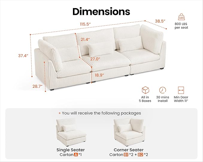 Oversized Modular Sofa, Extra Deep Cloud Corduroy Sectional Couch with Ottoman Chaise, Fluffy Chenille 3 Seater Sofa for Living Room, Villa (Basic 3 Seater, Corduroy White)