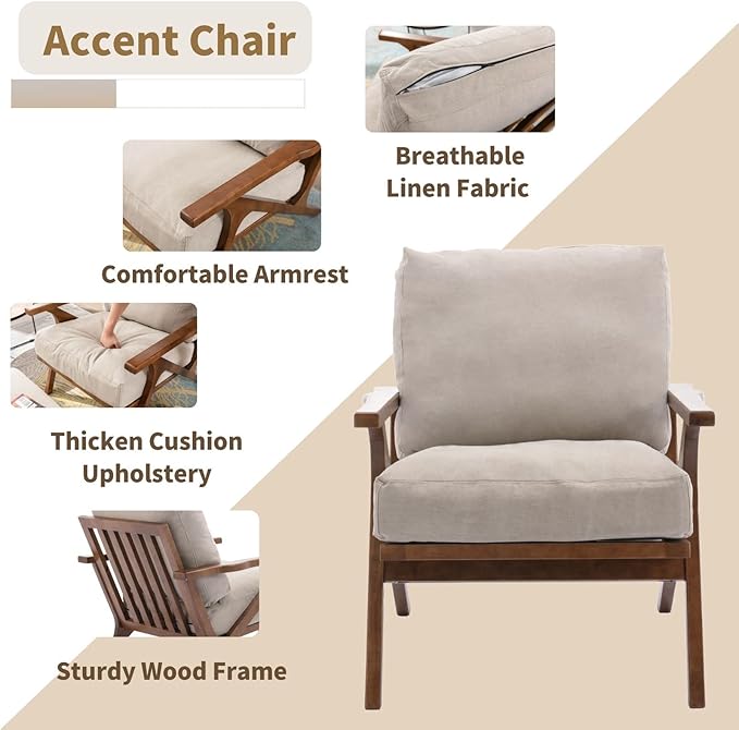 HNY Mid Century Chair, Faux Leather Upholstered Accent Armchair with Wood Frame and Canvas Cushions, Leisure Reading Chair Slipper Chair for Living Room, Bedroom, Beige