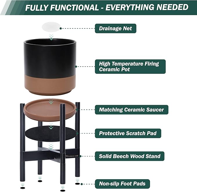 D'vine Dev Ceramic Planter with Ebony Stand - 12 Inch Modern Round Flower Pot with Wood Planter Holder, Black/Speckled Tan, 55-B-H-7