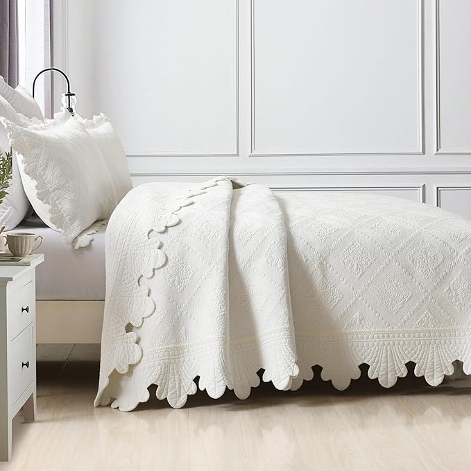 MarCielo 3-Piece 100% Cotton Oversized Bedspread Lightweight Quilt Coverlet Embroidery Farmhouse Bedding Set (TK White, Oversized King (118"x106"))