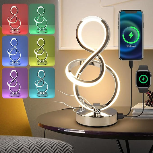 Modern Spiral Table Lamp, 7 Colors 10 Light Modes LED Nightstand Small Lamp with USB C+A Ports, Touch Dimmable Lamps for Living Room Bedroom Bedside, Unique & Cool Lamps,Silver