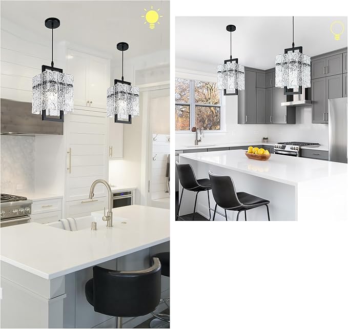 IKK Black Crystal Pendant Light for Kitchen Island, Luxury Water Ripple Glass Chandelier Lights Fixture, Modern Elegant Adjustable Pendant Lighting for Dining Room Bedroom, E12 Bulb, L6.5'' x H11.8''