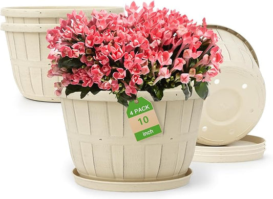 Quarut 10 inch Plastic Flower Pots for Indoor Plants,4 Pack Large Outdoor Planter Pot with Drainage Holes & Saucers,Imitation Wine Barrel Design,for Indoor Outdoor Garden Plants(White)