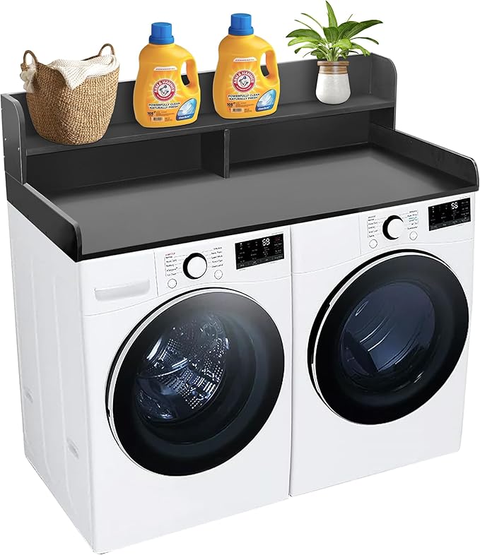 Royxen Laundry Countertop with 2-Tier Shelf Universal Fit, Washer and Dryer Countertop with Storage Space, Shelf Height 11.5 Inches, Solid Wood, Black