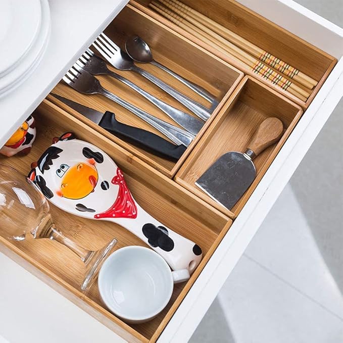 Bamboo Drawer Organizer - Kitchen Utensil Organizer Silverware Tray Cutlery Holder,Office Desk Supplies and Accessories (12x5.9x2.6 inch)