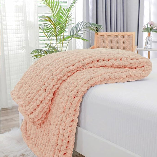 Bigacogo Chunky Knit Throw Blanket for Couch, 40x40 inches, 100% Hand Knitted with Thick Jumbo Chenille Yarn, Cozy Soft Large Rope Knot Cable Crochet Blankets for Sofa Bed Living Room, Peach Fuzz