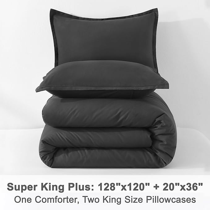 Litanika Dark Grey Oversized King Comforters Super King Plus Size, 3 Pieces Lightweight Solid Bedding Comforter Set, All Season Fluffy Bed Set (128x120In Comforter & 2 Pillowcases)