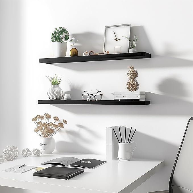 Wood Floating Shelves for Wall Decor, Rustic Wall Shelves for Bedroom Bathroom Kitchen Living Room, Set of 4 Black 36 Inch