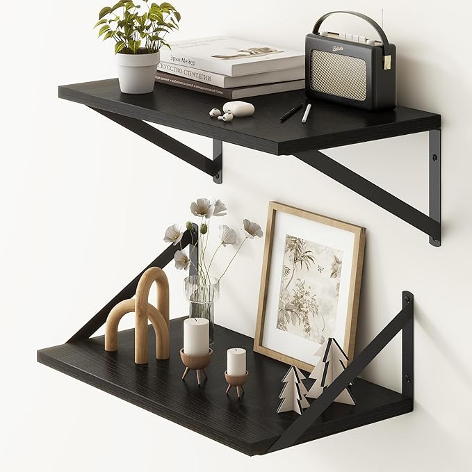 Fun Memories Black Floating Shelves 18 Inch Long, Rustic Floating Shelf with Brackets, 10 Inch Deep Wall Shelves, Black Bathroom Shelves, 18 x 10 Storage Shelf for Kitchen, Living Room, Set of 2