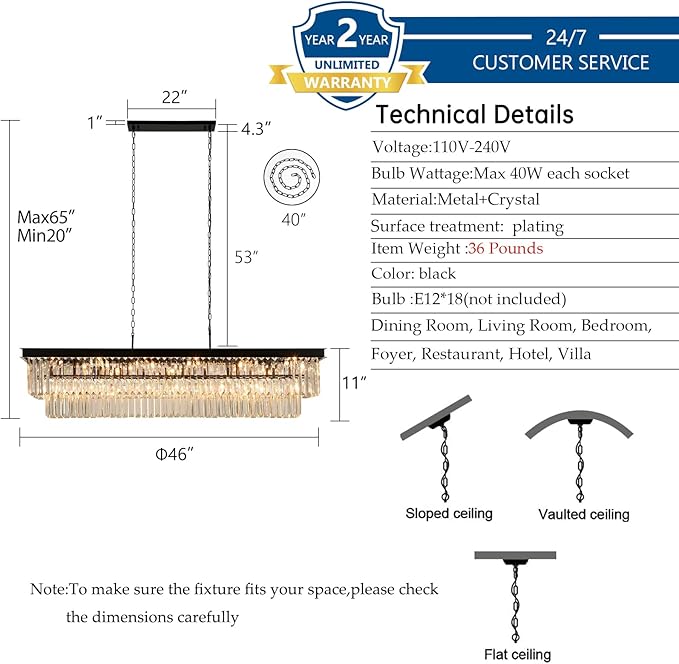 Crystal Chandeliers for Dining Room Light Fixtures Over Table,18-Lights Black Modern Rectangle Chandeliers for Kitchen Island Bar L46 Inch