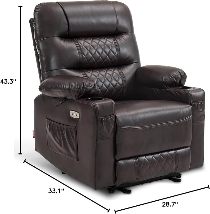 MCombo Zero Gravity Power Recliner Chair with Heat and Vibration Massage, Reclining Chair with USB Ports, Cup Holders for Living Room, Faux Leather PR621 (Brown)