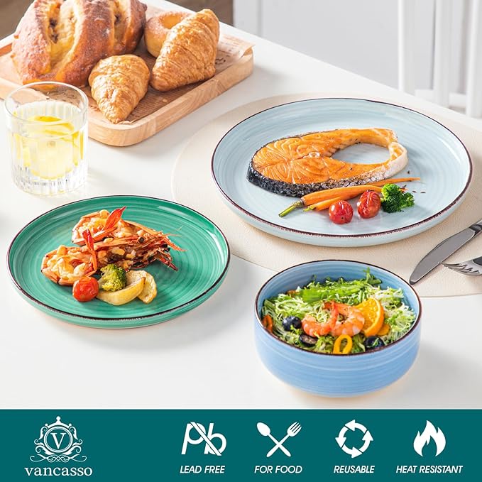 Vancasso Bonita Dinnerware Set - 18 Piece Blue Stoneware Dishes for 6, Plates and Bowls, Dishwasher and Microwave Safe