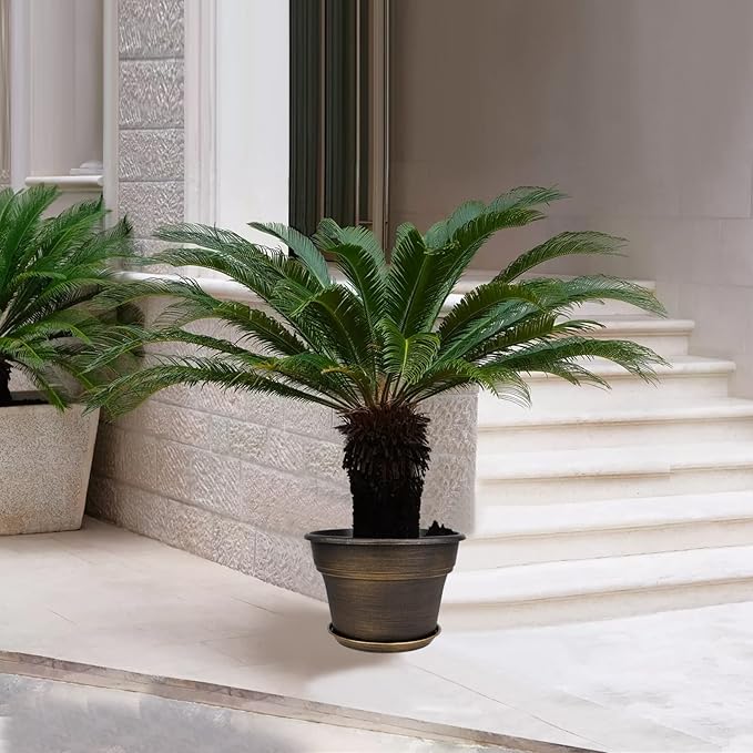 Plant Planters Pots Set of 4 Pack 13 Inch,Large Plastic Flower Pot for Indoor Plants with Drainage Holes & Trays, Resin Decorative Container Sets with Saucer for House Outdoor Garden Plant Dark Gold