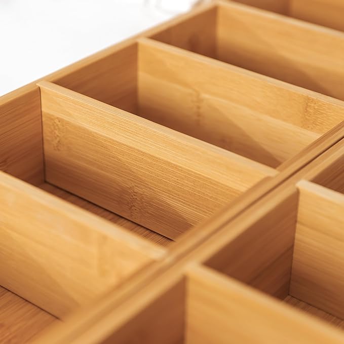 Premium Kitchen Utensils and Junk Drawer Organizer – Small 5-Compartment Design with 4 Removable Dividers, Non-Slip Feet, 100% Sustainable Bamboo, 2 Pack