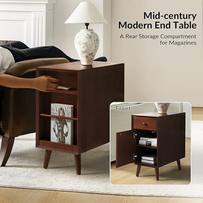 HULALA HOME End Table with Drawer Set of 2, Modern End Table with USB Ports and Outlets, Wooden Side Table with Storage-Walnut