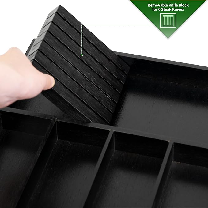 VaeFae Bamboo Silverware Organizer, Utensil Holder for Drawer, Wooden Cutlery Tray with Divider for Kitchen Drawer, Utensil Organizer with Knife Block(Black)
