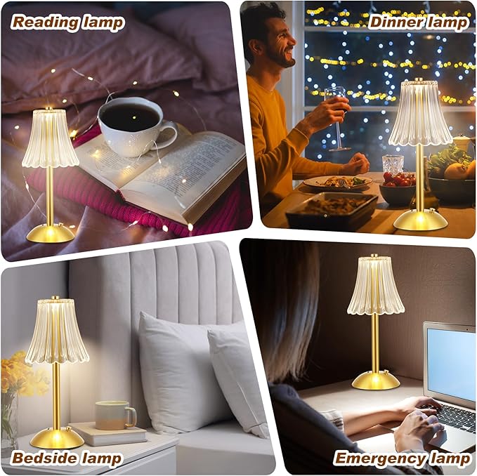 Liliful 8 Pcs LED Portable Cordless Table Lamp Touch Battery Operated Rechargeable Desk Lamp 3 Color Dimmable for Bedroom Living Room Dining (Rose Style,Gold)